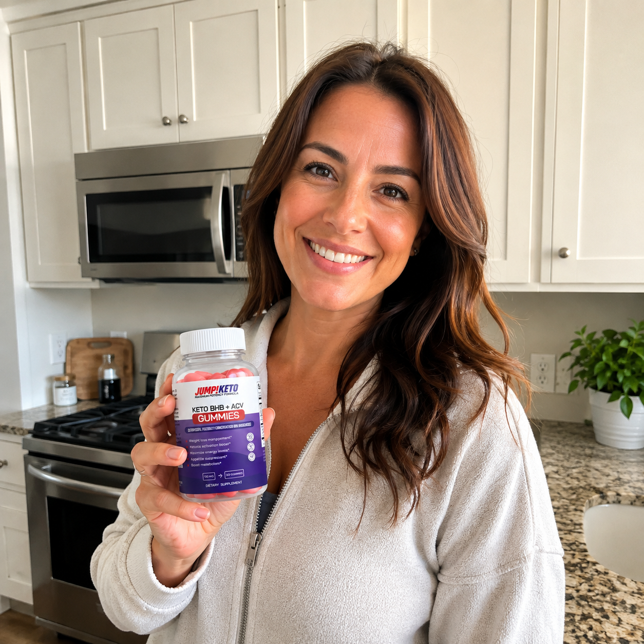 Jessica Martinez, real JumpKETO user holding gummies in her kitchen